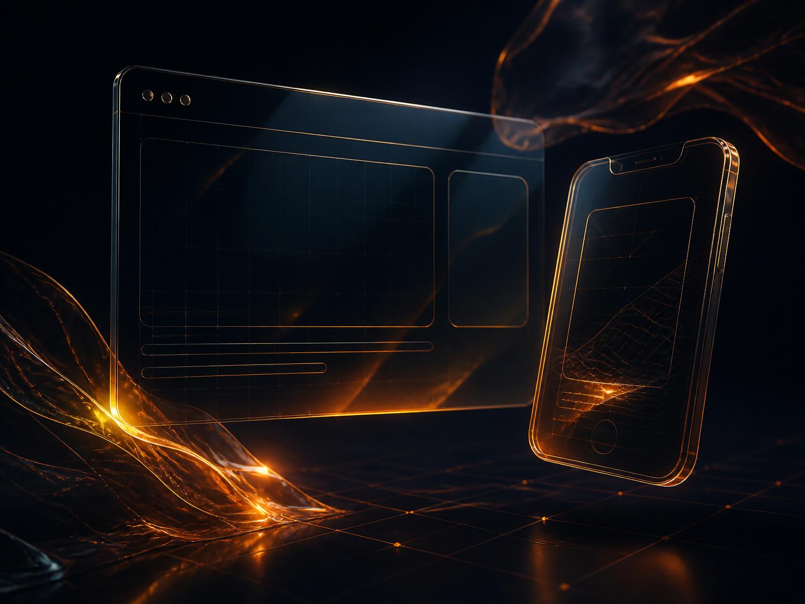 Glass browser window and phone app frame glowing with amber light